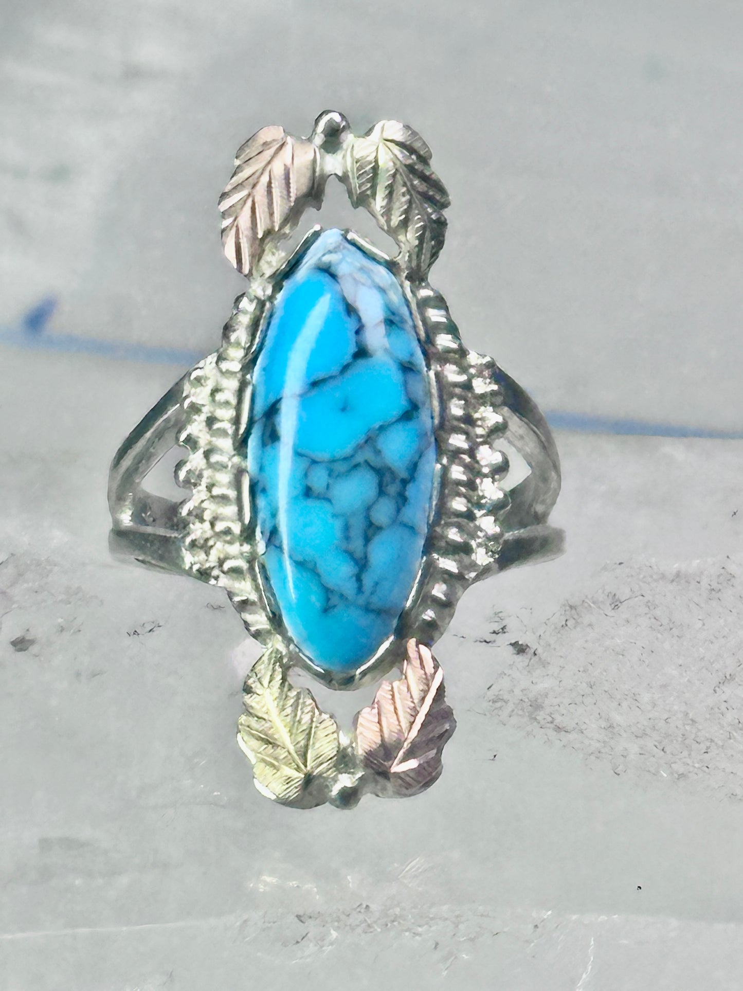 Black Hills Gold Ring long turquoise leaves band size 7.50 sterling silver women girls
