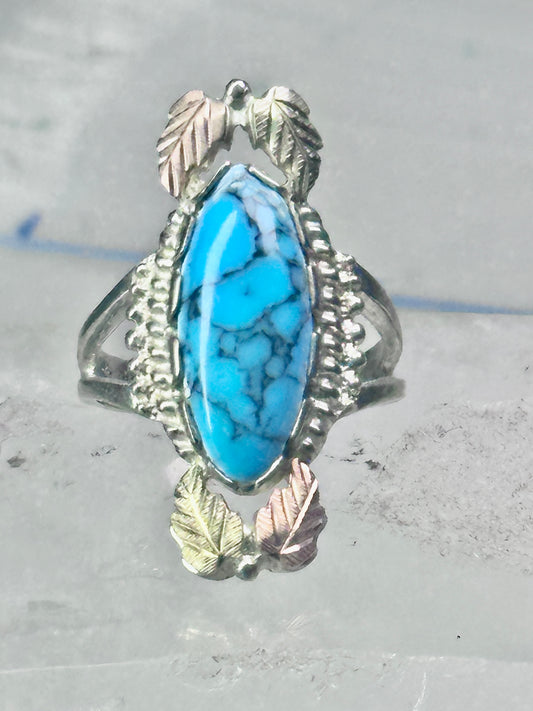 Black Hills Gold Ring long turquoise leaves band size 7.50 sterling silver women girls