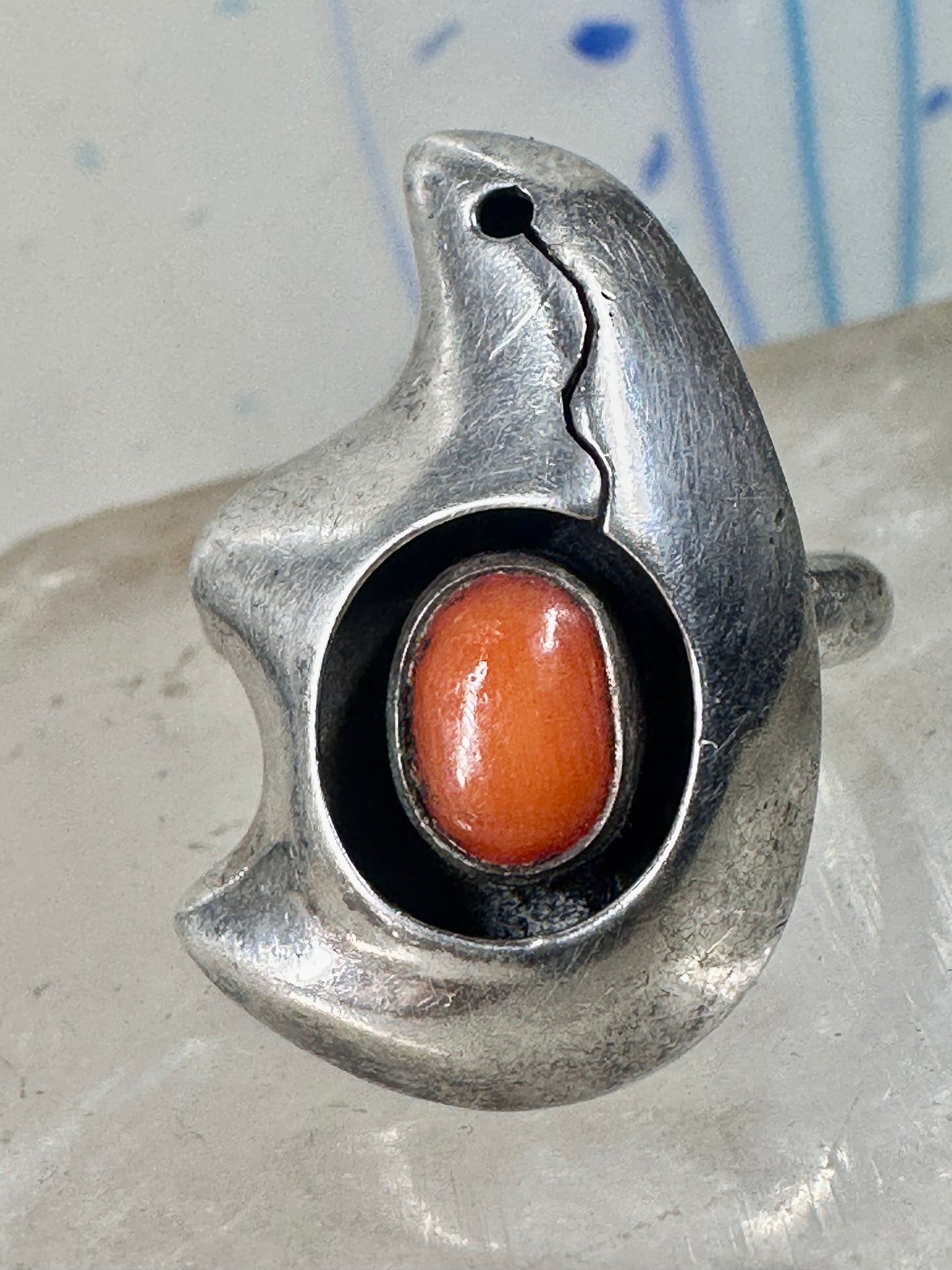Bear ring Coral band Size 6 Southwest tribal Sterling Silver women
