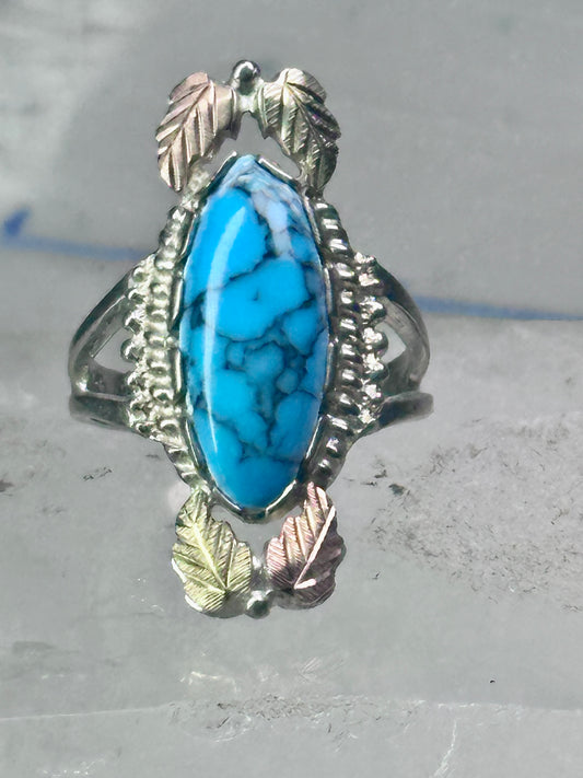 Black Hills Gold Ring long turquoise leaves band size 7.50 sterling silver women girls