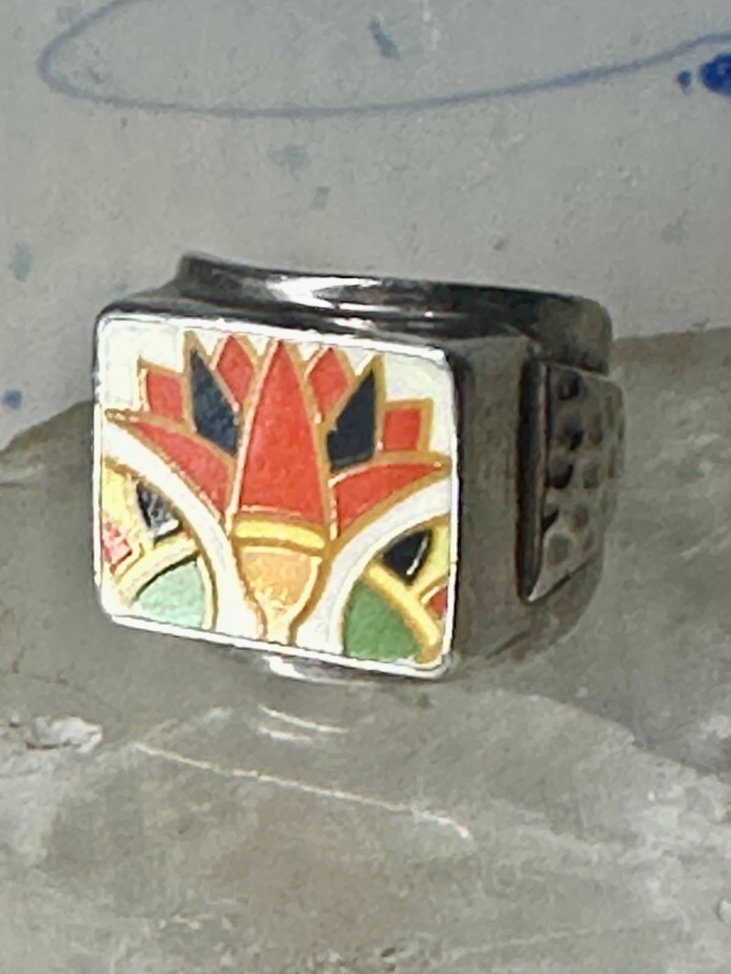 Maisels Trading Post Porcelain Tile Flower ring heavy Arrows band size 8.75 sterling silver women girls