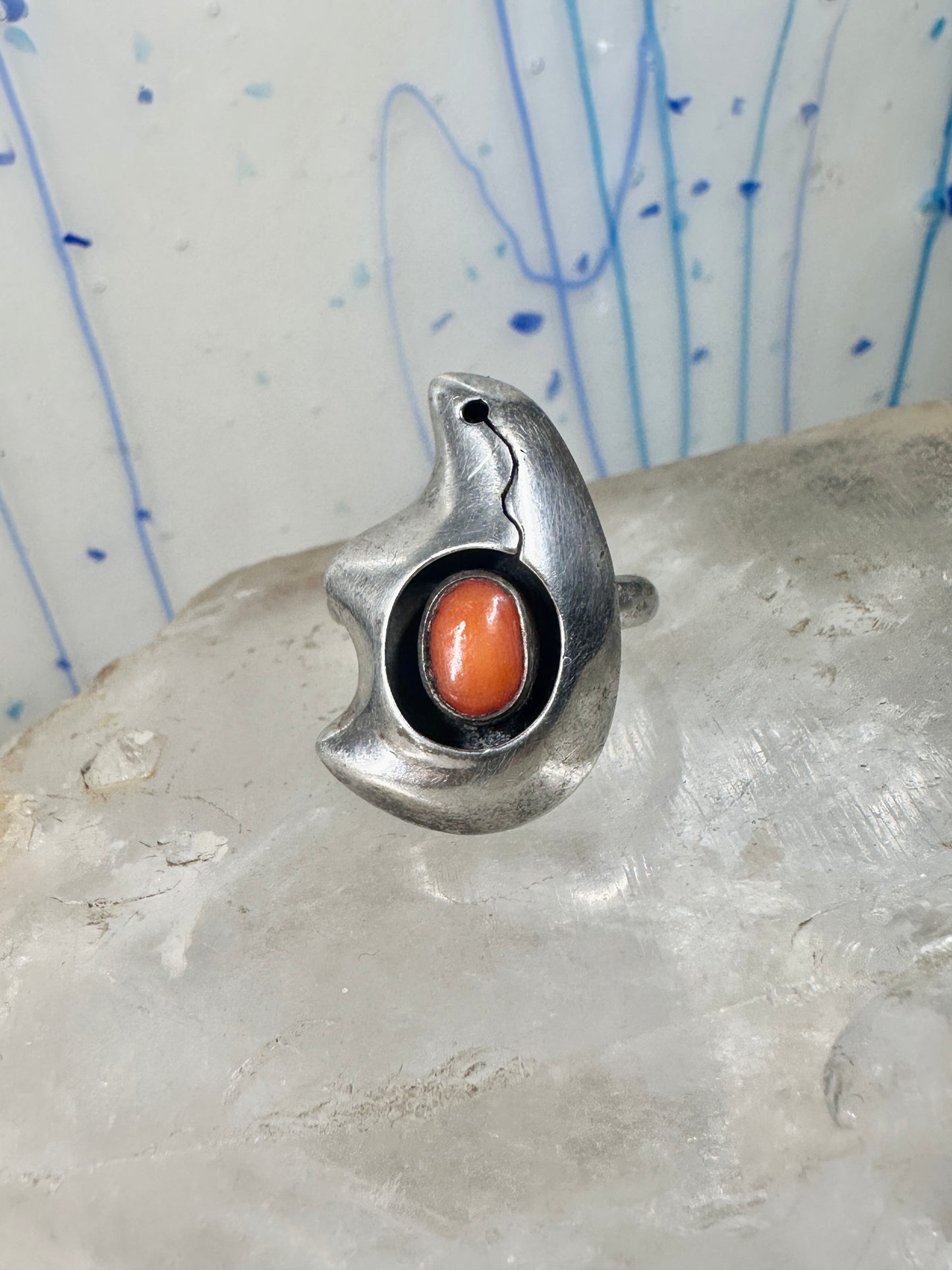 Bear ring Coral band Size 6 Southwest tribal Sterling Silver women