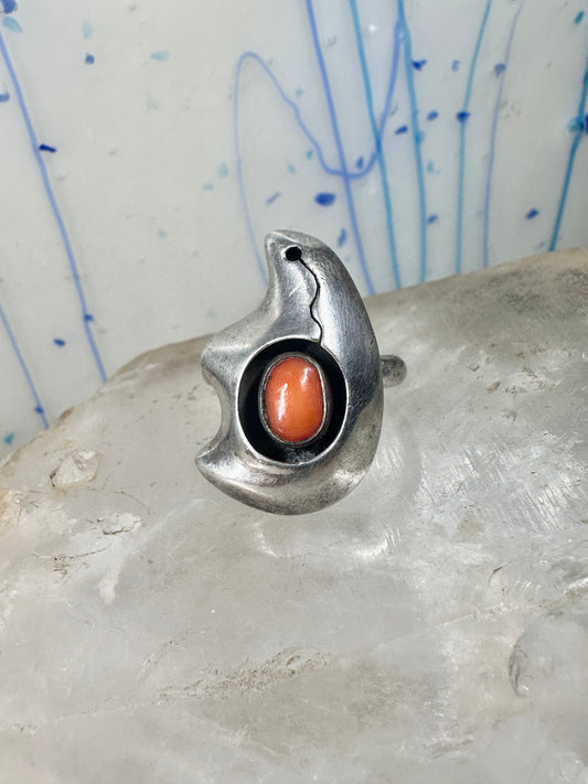 Bear ring Coral band Size 6 Southwest tribal Sterling Silver women