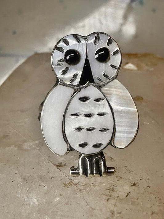 Owl ring snowy Zuni Mother of pearl size 6.5 by Reginda Kallestewa sterling silver