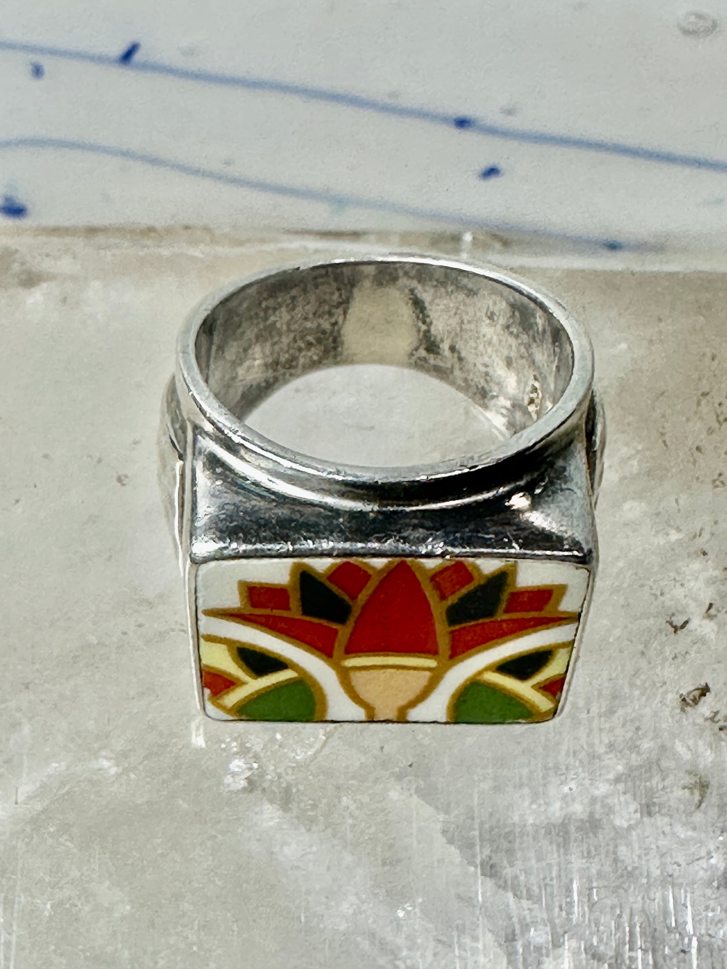 Maisels Trading Post Porcelain Tile Flower ring heavy Arrows band size 8.75 sterling silver women girls