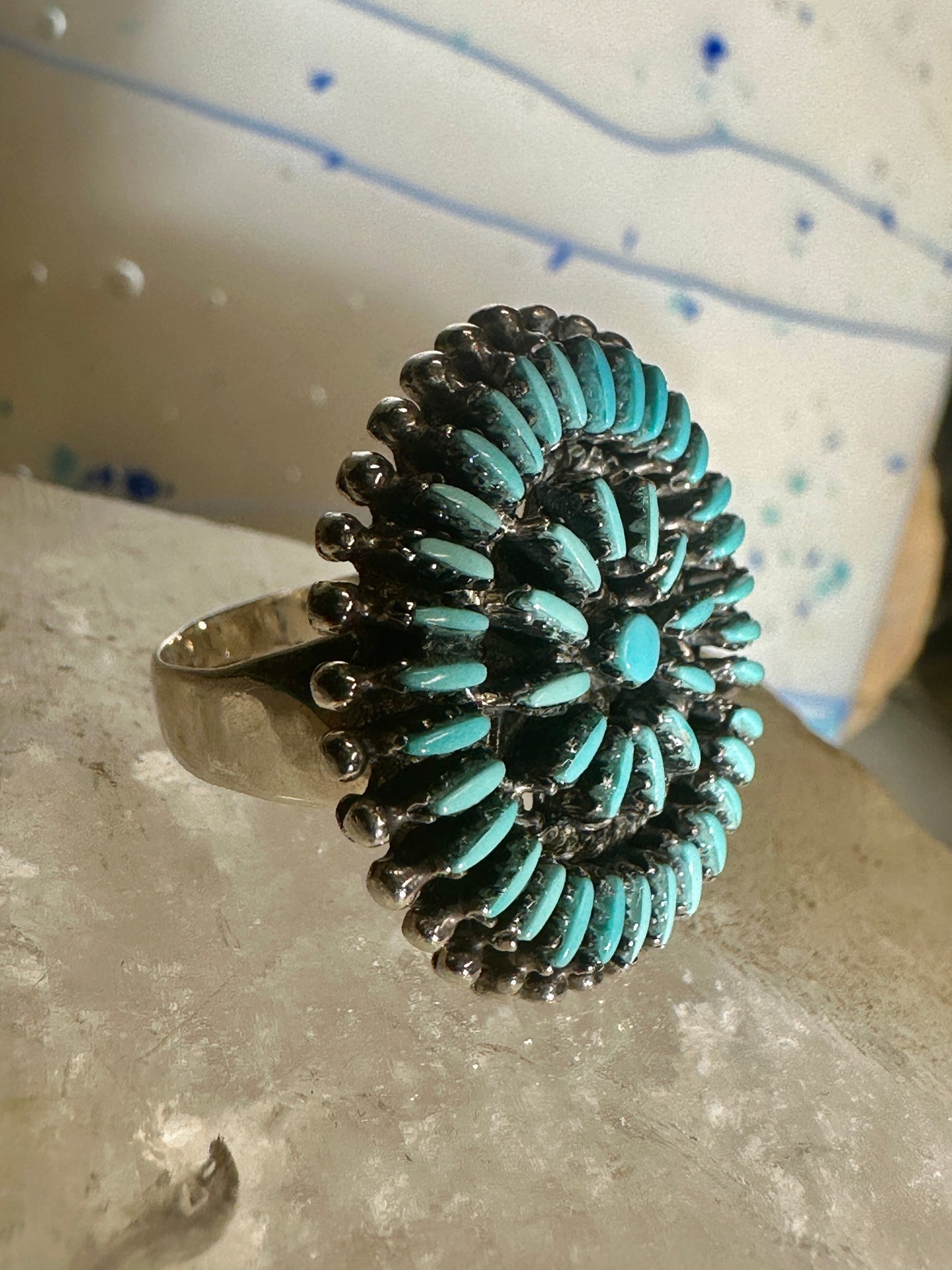 Zuni ring turquoise needlepoint petite point flower size 7 sterling silver women
