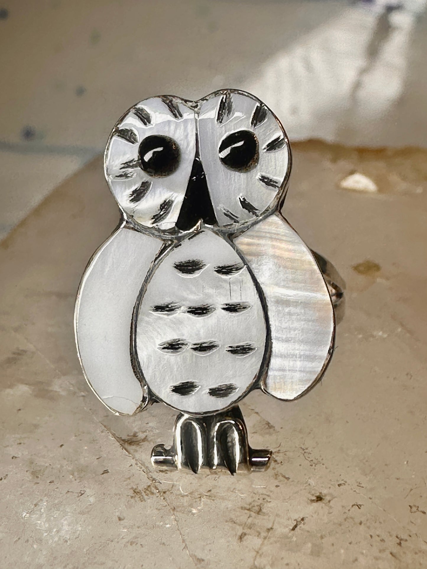 Owl ring snowy Zuni Mother of pearl size 6.5 by Reginda Kallestewa sterling silver