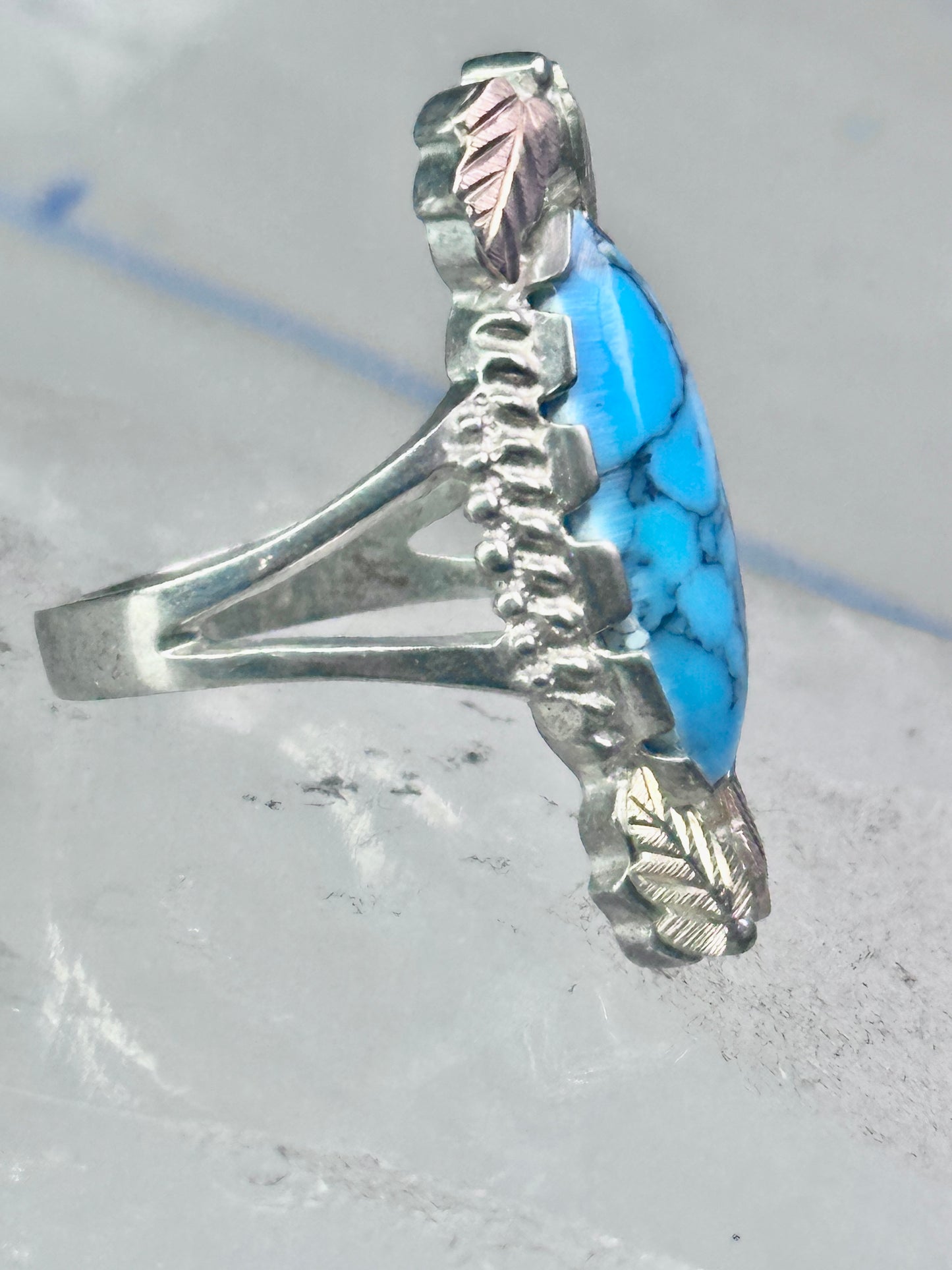 Black Hills Gold Ring long turquoise leaves band size 7.50 sterling silver women girls