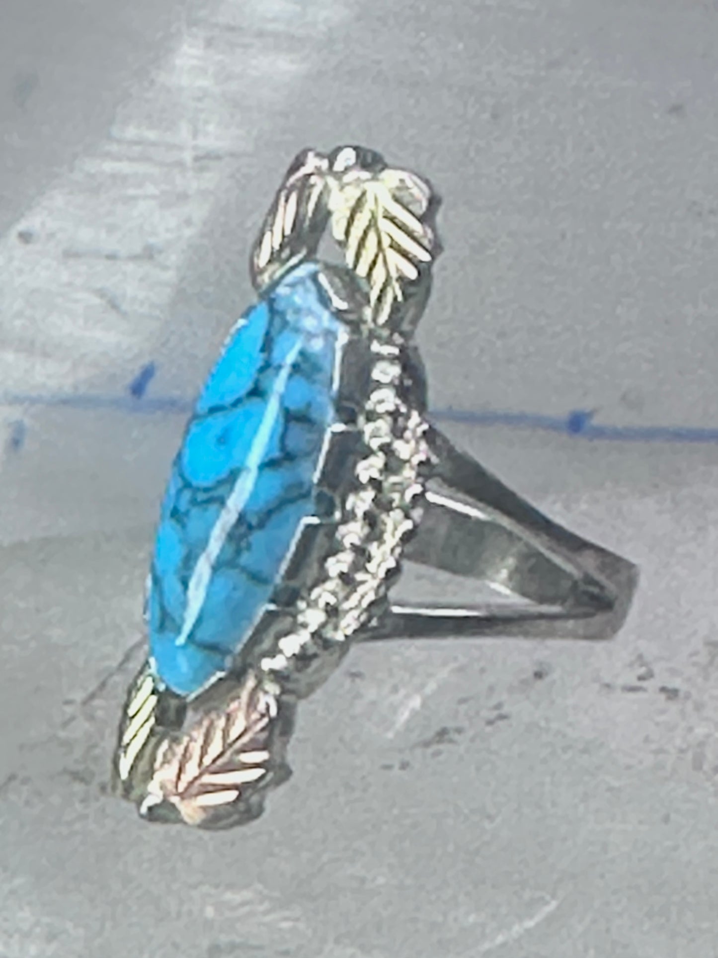 Black Hills Gold Ring long turquoise leaves band size 7.50 sterling silver women girls