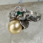 Flower ring Freshwater Pearl band green stone Art Deco Size 5 Sterling Silver women