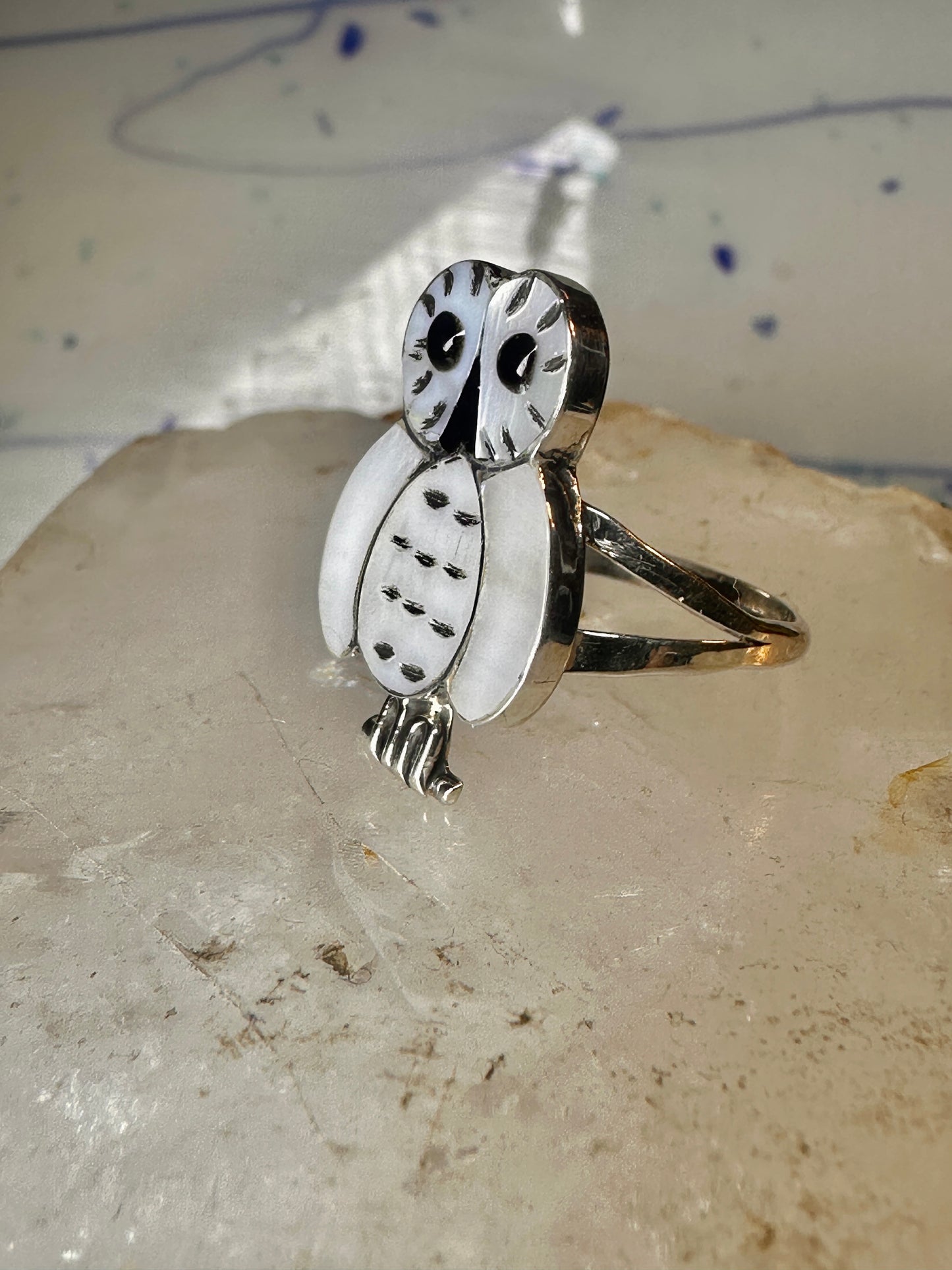 Owl ring snowy Zuni Mother of pearl size 6.5 by Reginda Kallestewa sterling silver