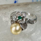 Flower ring Freshwater Pearl band green stone Art Deco Size 5 Sterling Silver women