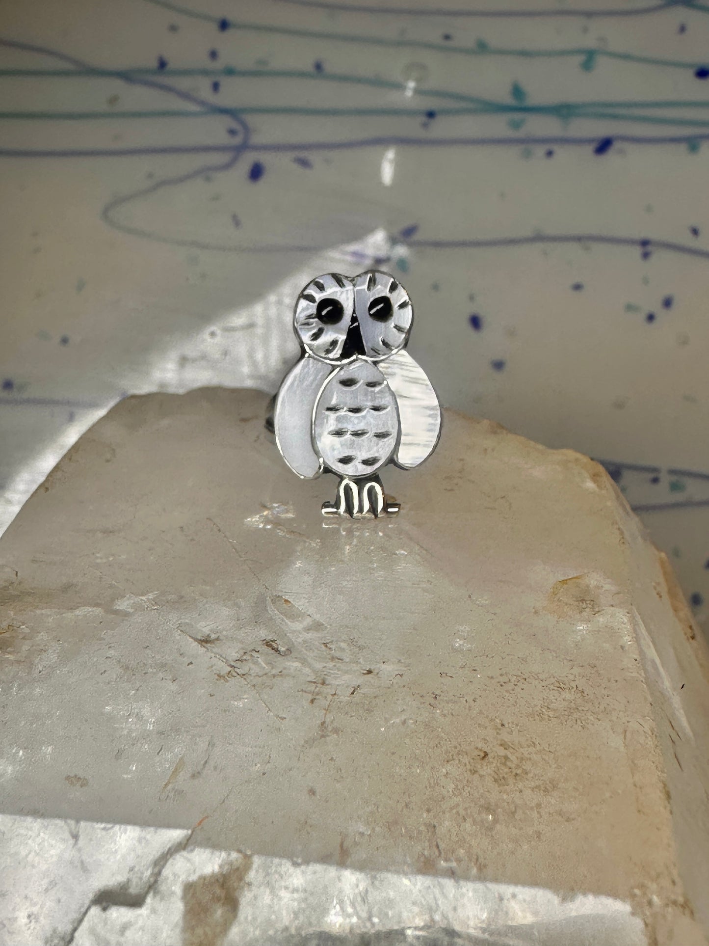 Owl ring snowy Zuni Mother of pearl size 6.5 by Reginda Kallestewa sterling silver