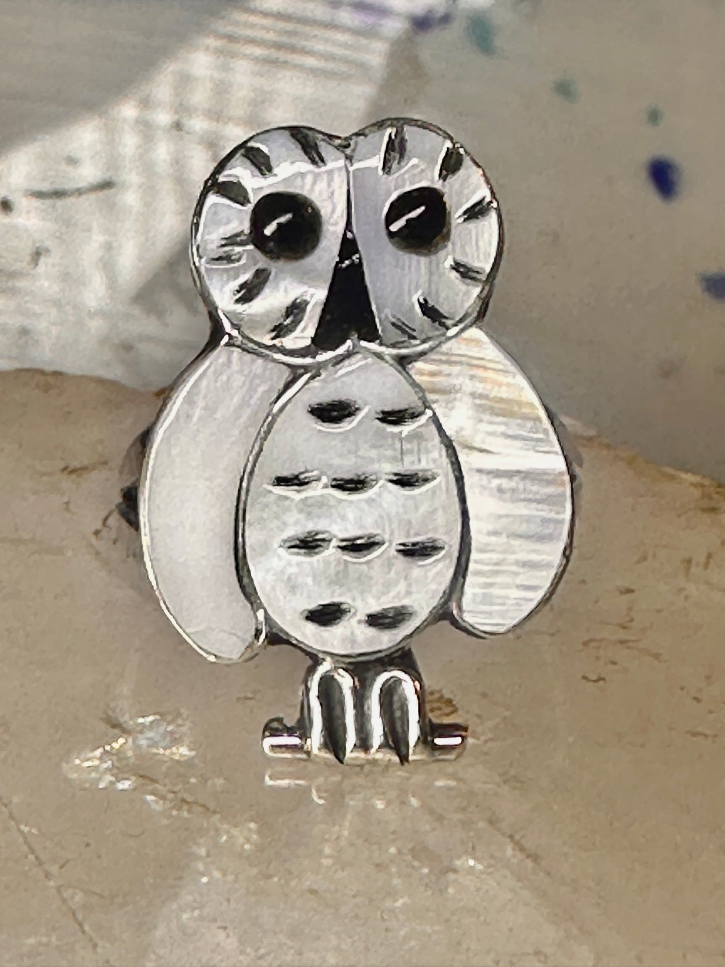 Owl ring snowy Zuni Mother of pearl size 6.5 by Reginda Kallestewa sterling silver