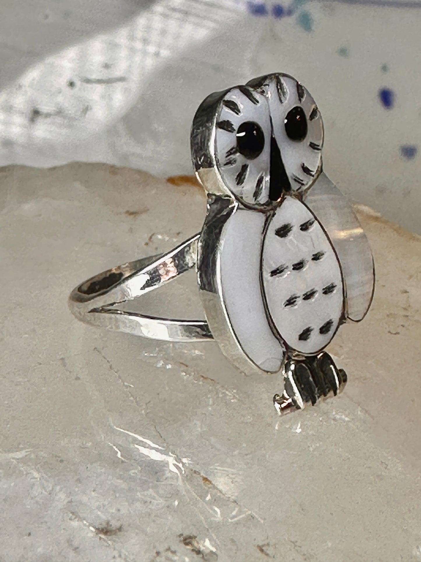 Owl ring snowy Zuni Mother of pearl size 6.5 by Reginda Kallestewa sterling silver