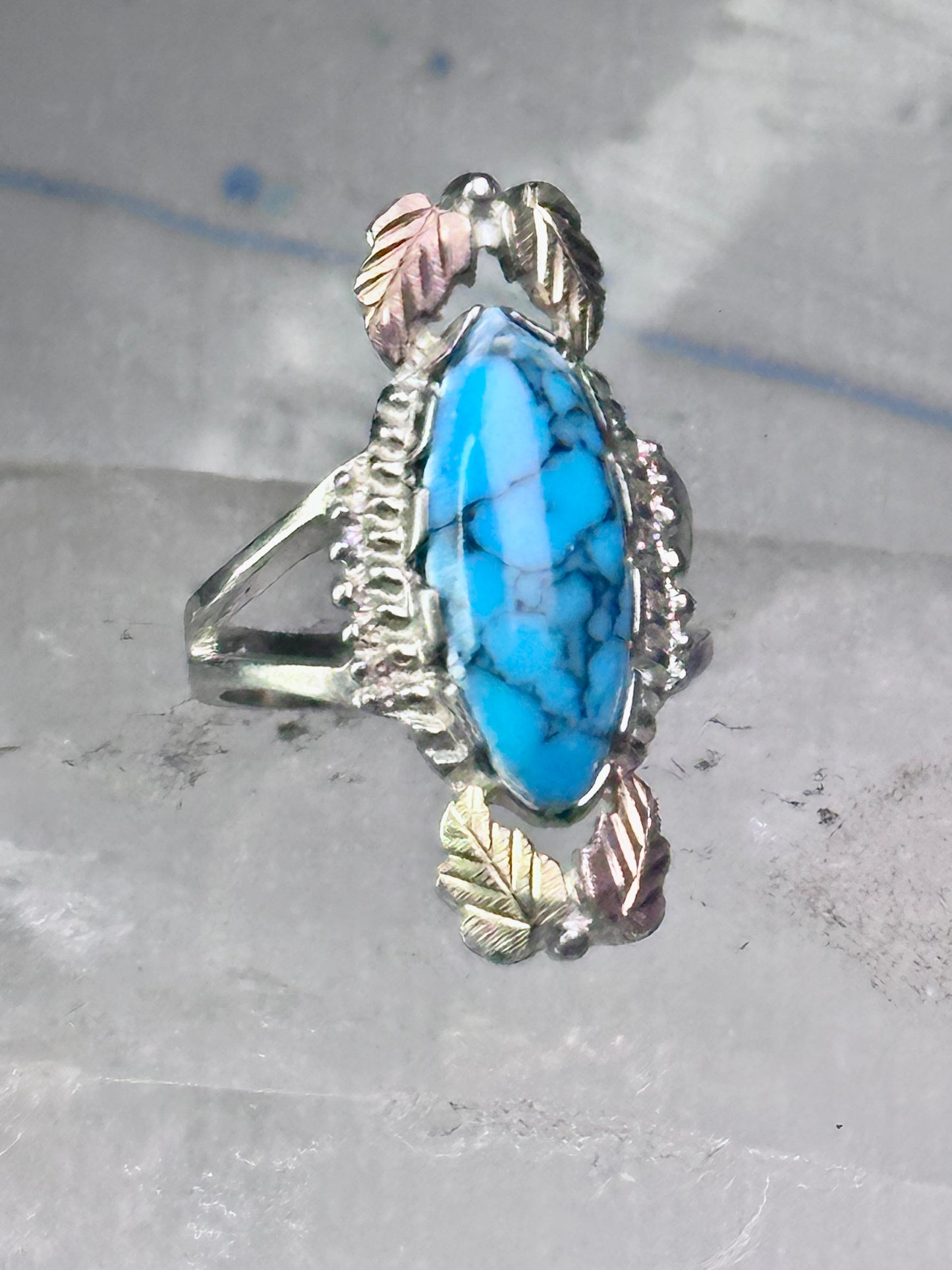 Black Hills Gold Ring long turquoise leaves band size 7.50 sterling silver women girls