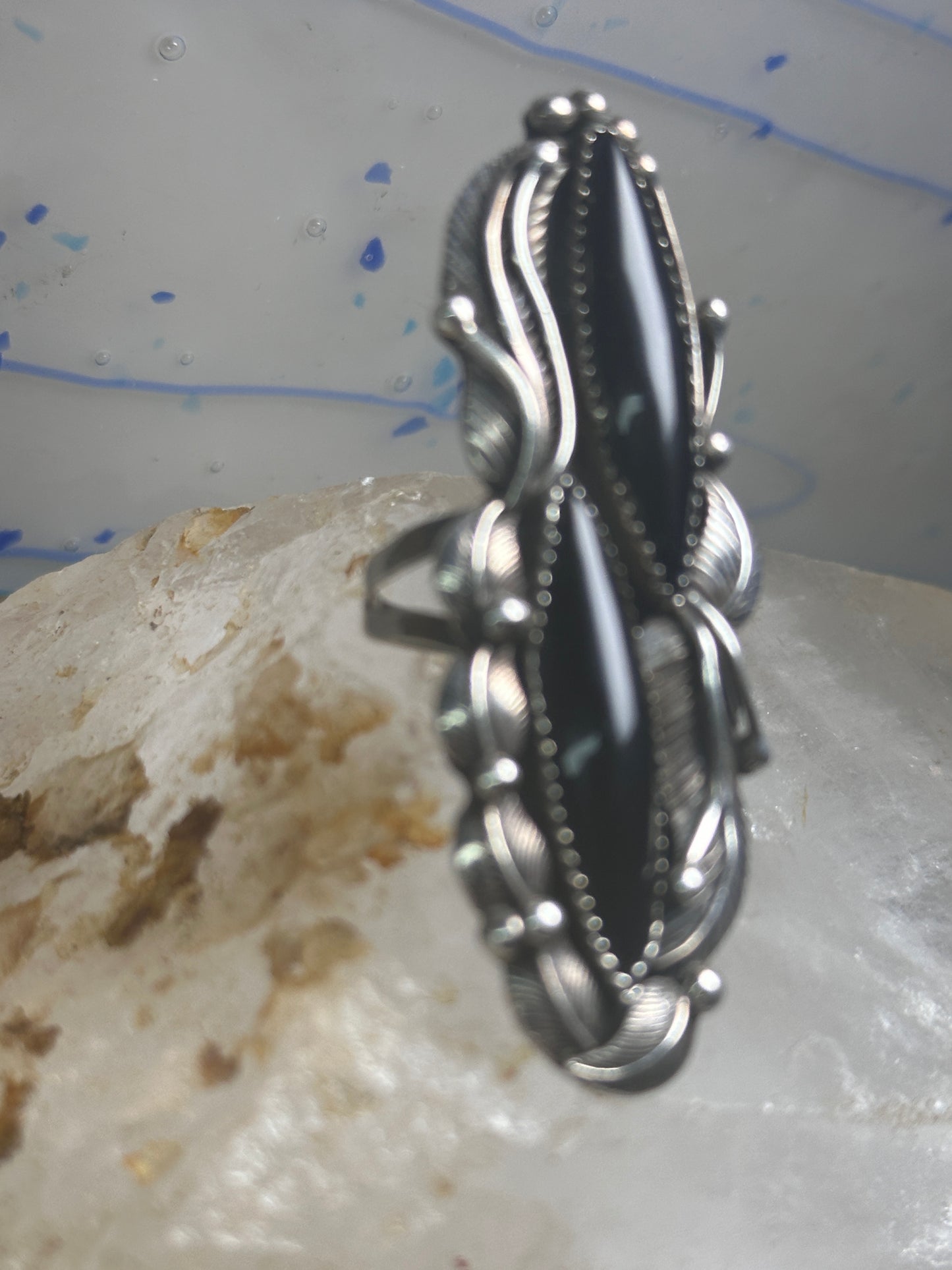 Navajo ring long onyx size 6.25 sterling silver women