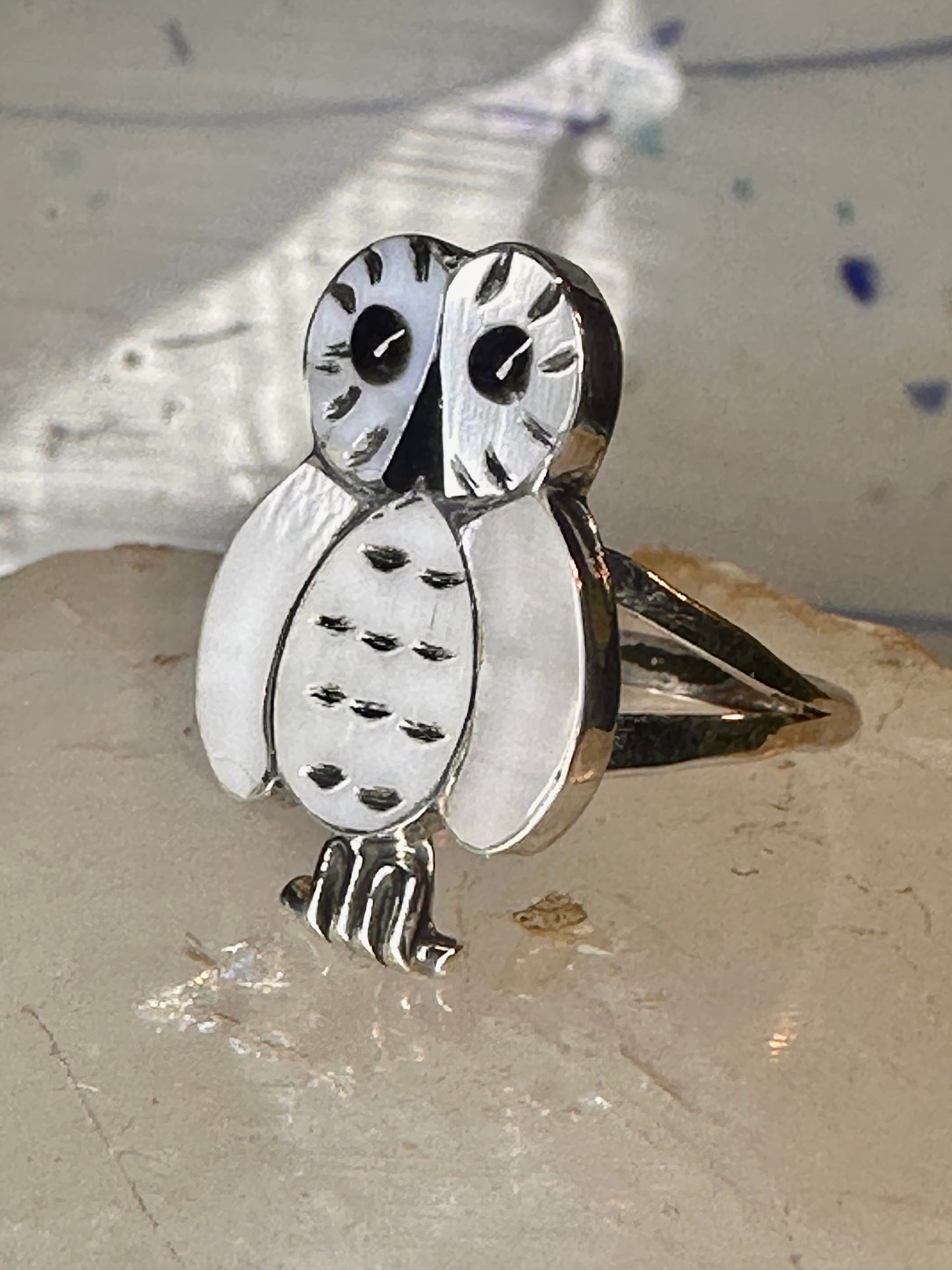 Owl ring snowy Zuni Mother of pearl size 6.5 by Reginda Kallestewa sterling silver