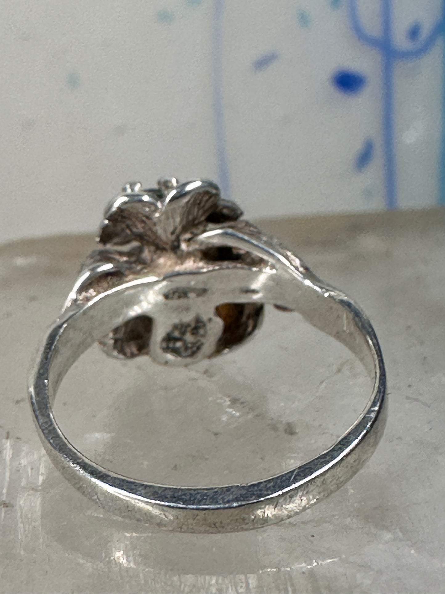 Flower ring Freshwater Pearl band green stone Art Deco Size 5 Sterling Silver women