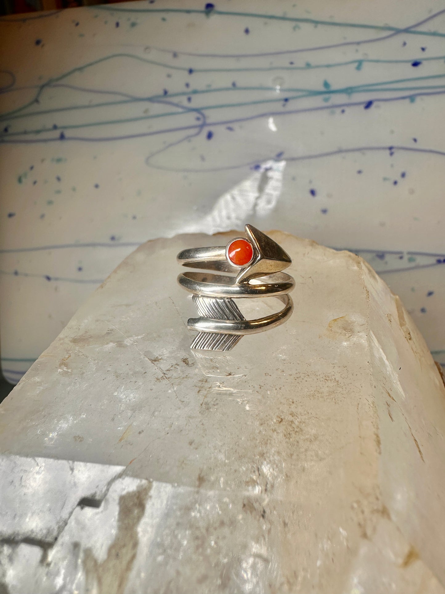 Arrow ring coral band size 8 southwest wraps around sterling silver