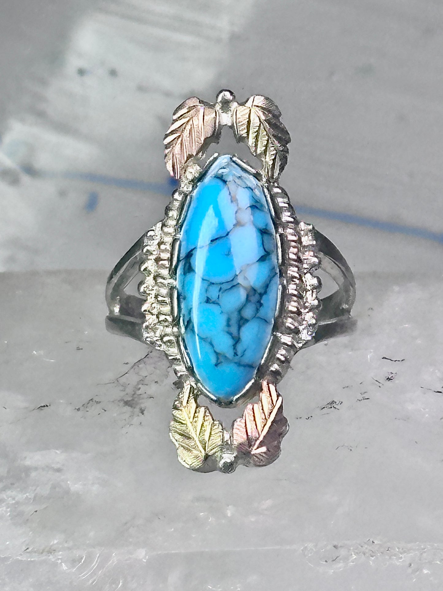 Black Hills Gold Ring long turquoise leaves band size 7.50 sterling silver women girls