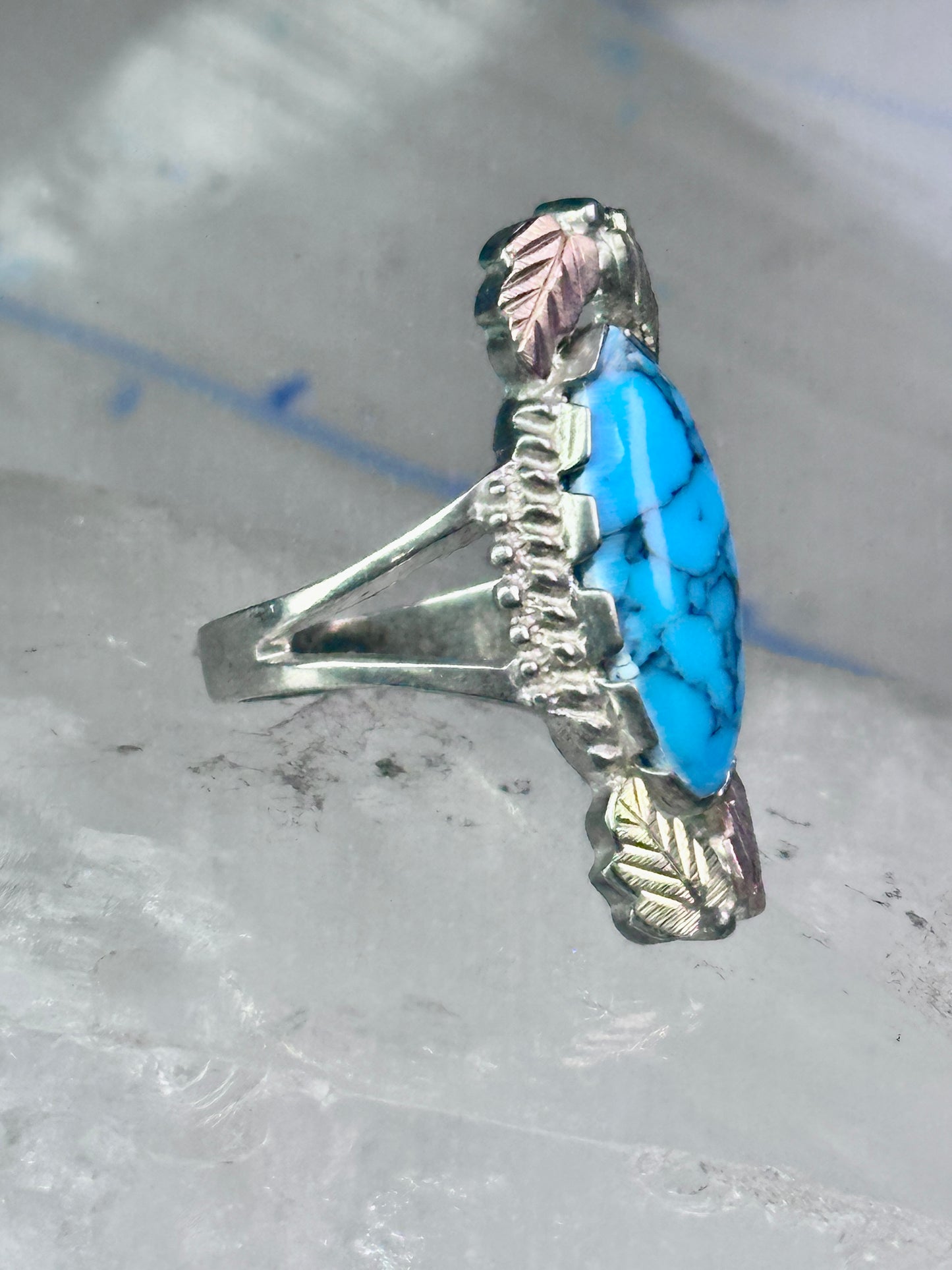 Black Hills Gold Ring long turquoise leaves band size 7.50 sterling silver women girls