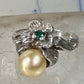 Flower ring Freshwater Pearl band green stone Art Deco Size 5 Sterling Silver women