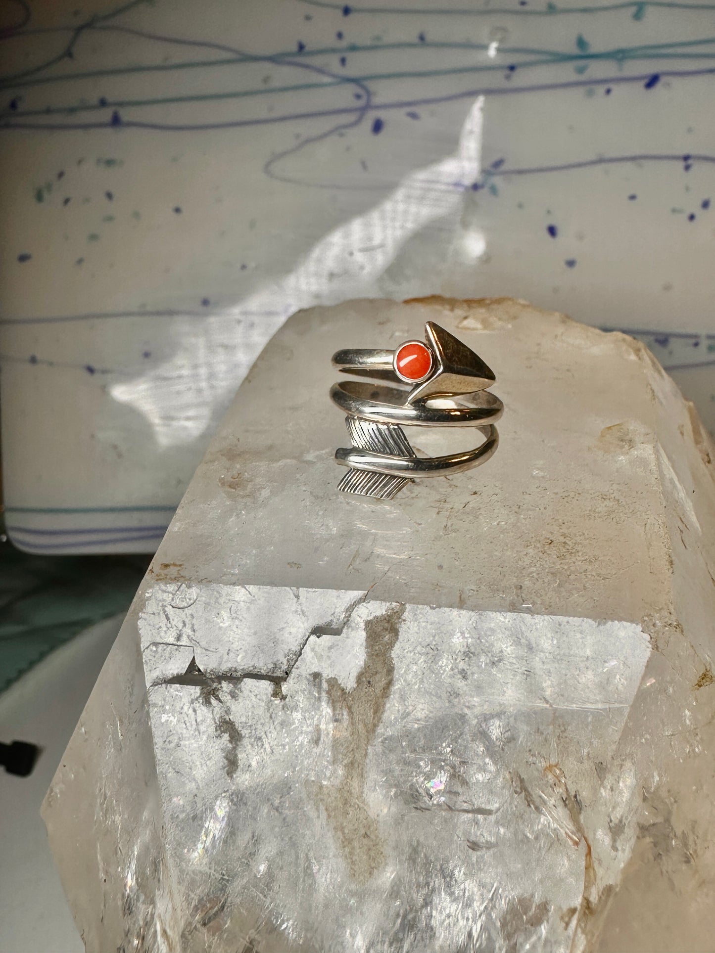 Arrow ring coral band size 8 southwest wraps around sterling silver