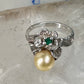 Flower ring Freshwater Pearl band green stone Art Deco Size 5 Sterling Silver women