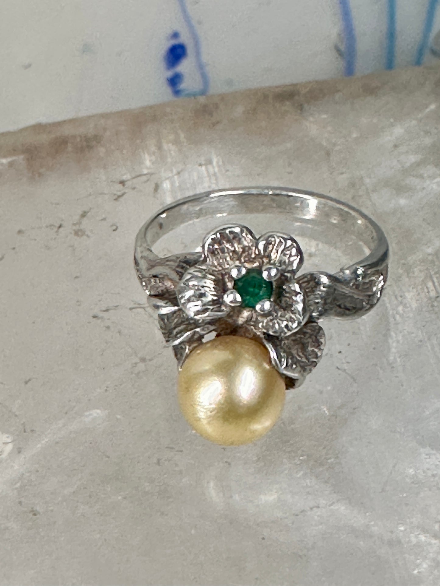 Flower ring Freshwater Pearl band green stone Art Deco Size 5 Sterling Silver women