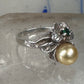 Flower ring Freshwater Pearl band green stone Art Deco Size 5 Sterling Silver women