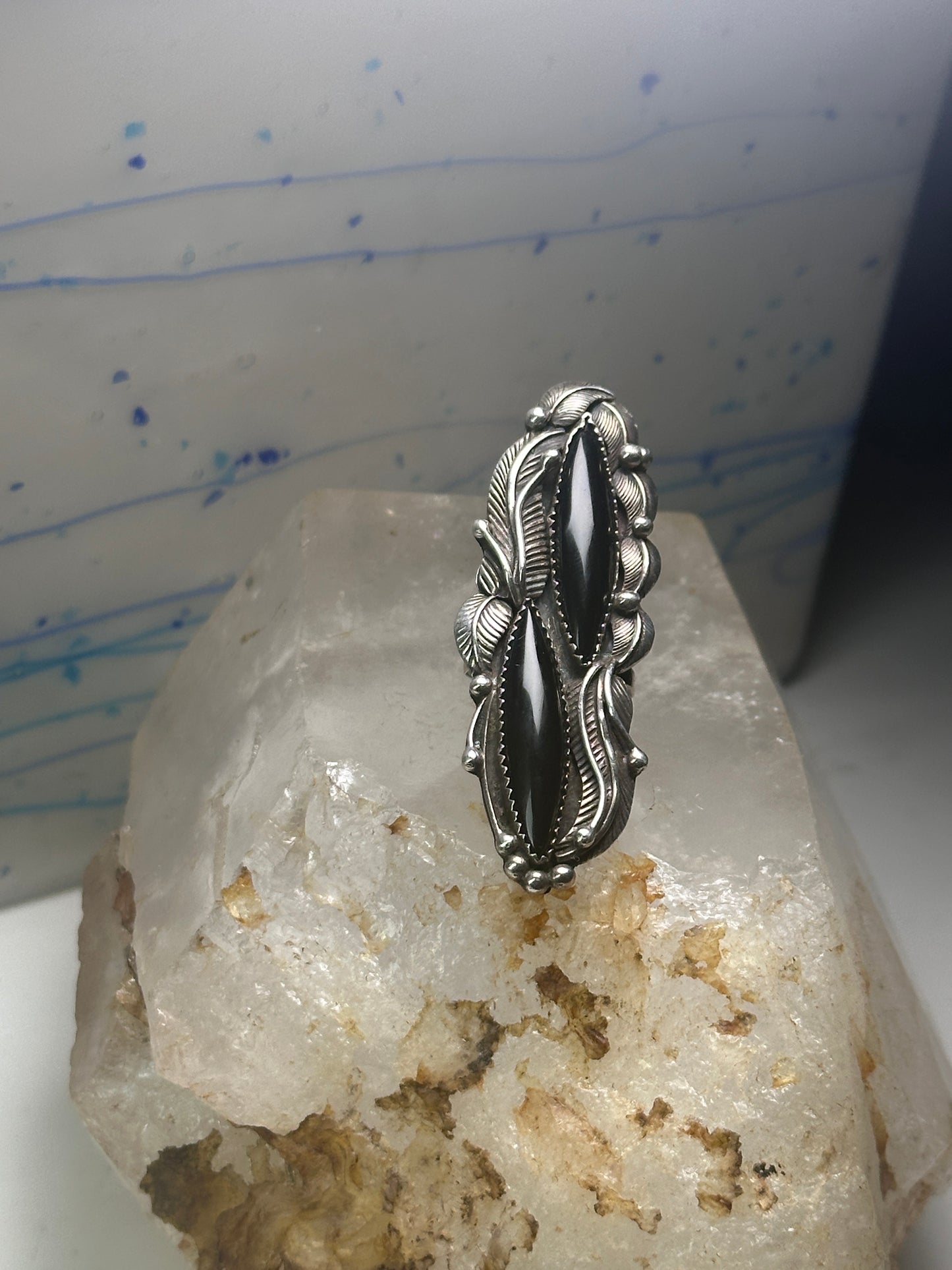 Navajo ring long onyx size 6.25 sterling silver women