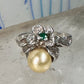 Flower ring Freshwater Pearl band green stone Art Deco Size 5 Sterling Silver women