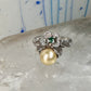 Flower ring Freshwater Pearl band green stone Art Deco Size 5 Sterling Silver women