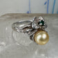 Flower ring Freshwater Pearl band green stone Art Deco Size 5 Sterling Silver women