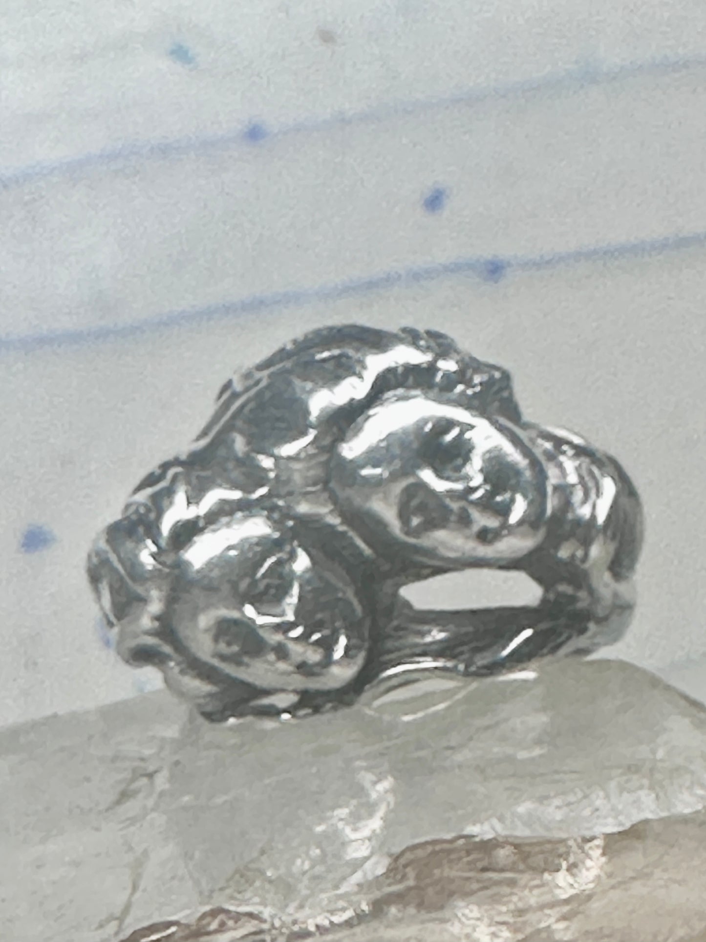 Vintage Sterling Silver Twin Cherub Face Statement Ring Size 5-5.25 Heavy 9.5g