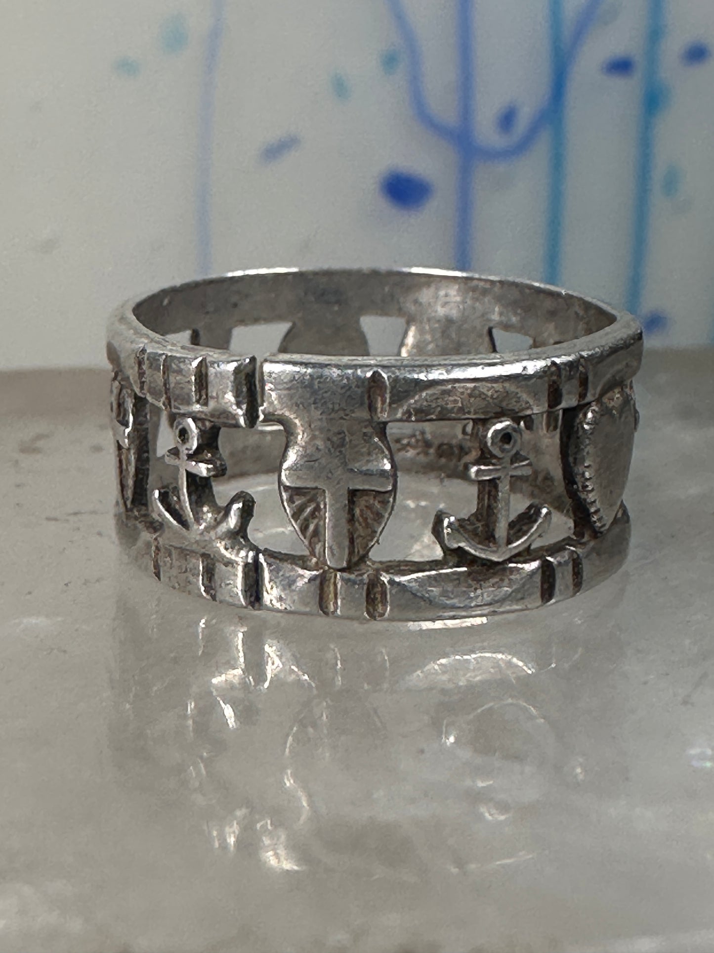 Antique Hope Ring Charity Faith Cross Anchor Heart Band Sterling Silver AS IS