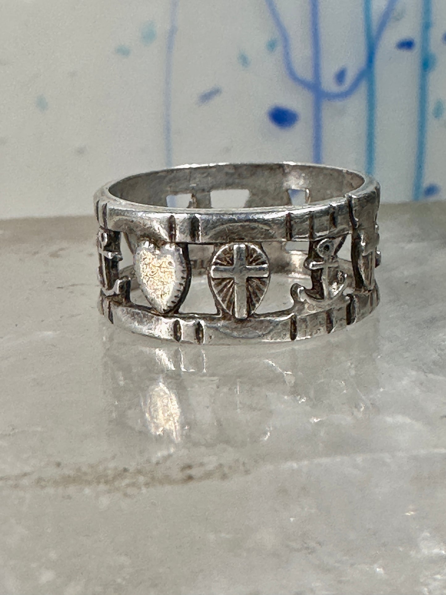 Antique Hope Ring Charity Faith Cross Anchor Heart Band Sterling Silver AS IS
