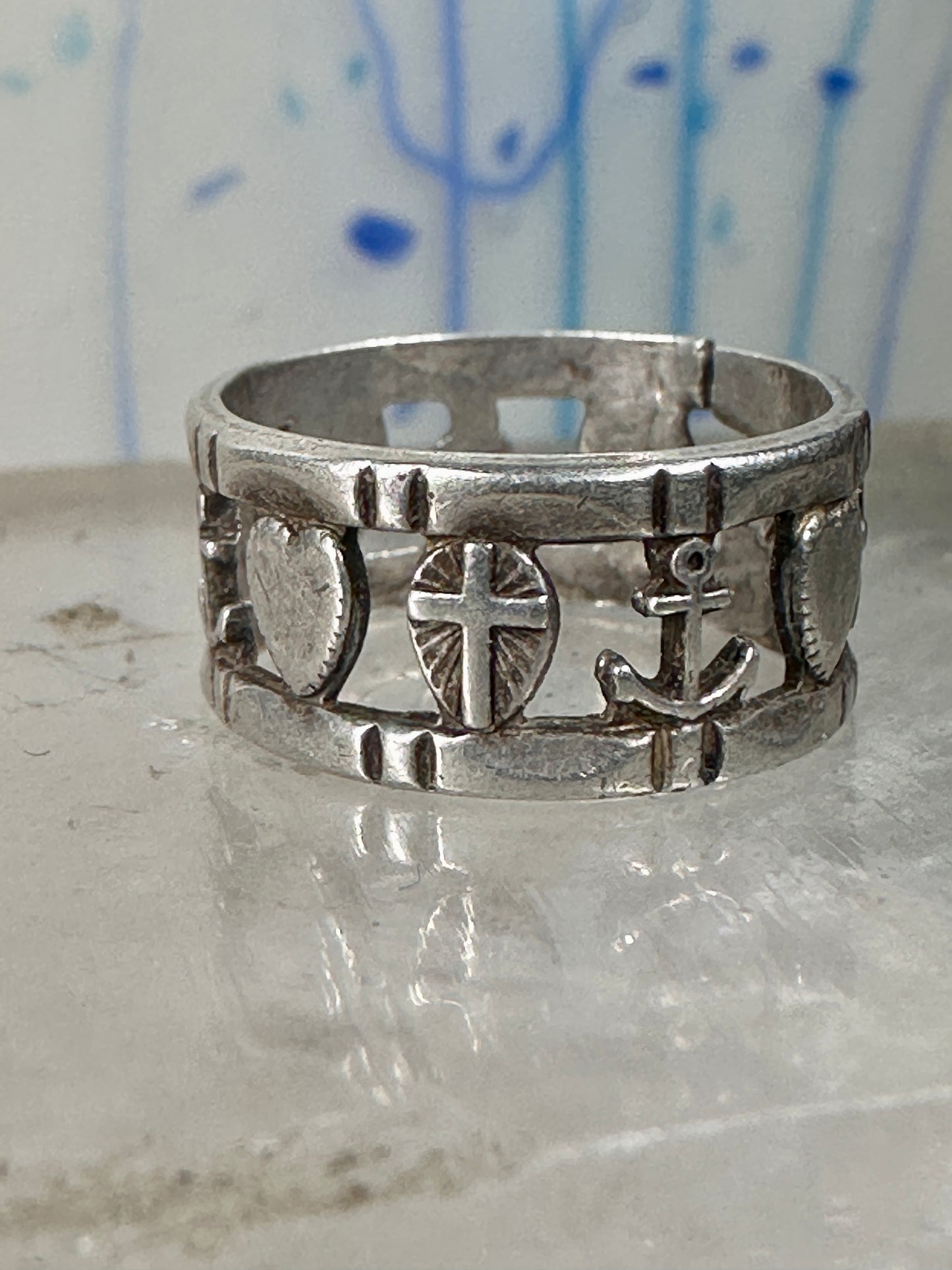Antique Hope Ring Charity Faith Cross Anchor Heart Band Sterling Silver AS IS