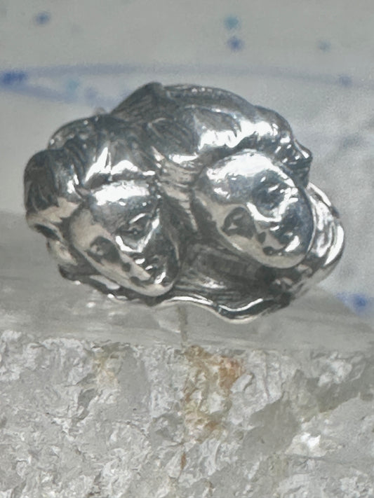 Vintage Sterling Silver Twin Cherub Face Statement Ring Size 5-5.25 Heavy 9.5g