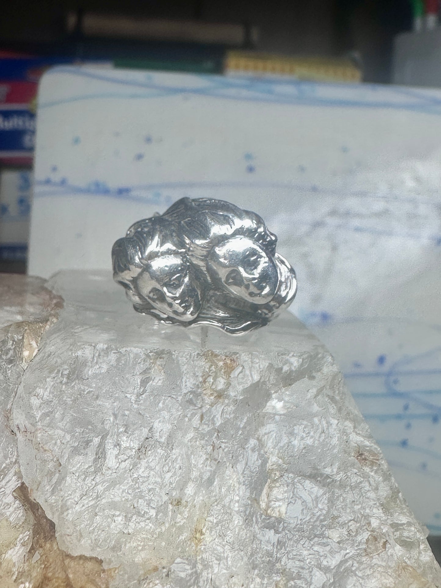 Vintage Sterling Silver Twin Cherub Face Statement Ring Size 5-5.25 Heavy 9.5g