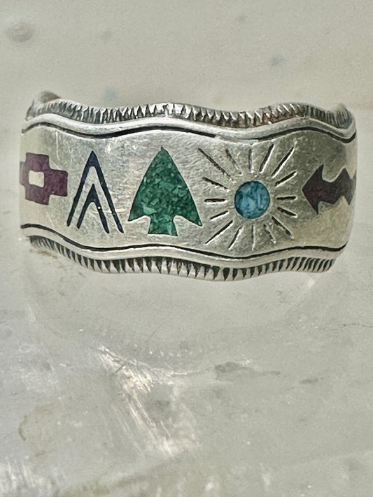 Sun Weather Rain Clouds Ring size 7.7 Pollock band ring storyteller sterling silver turquoise chips