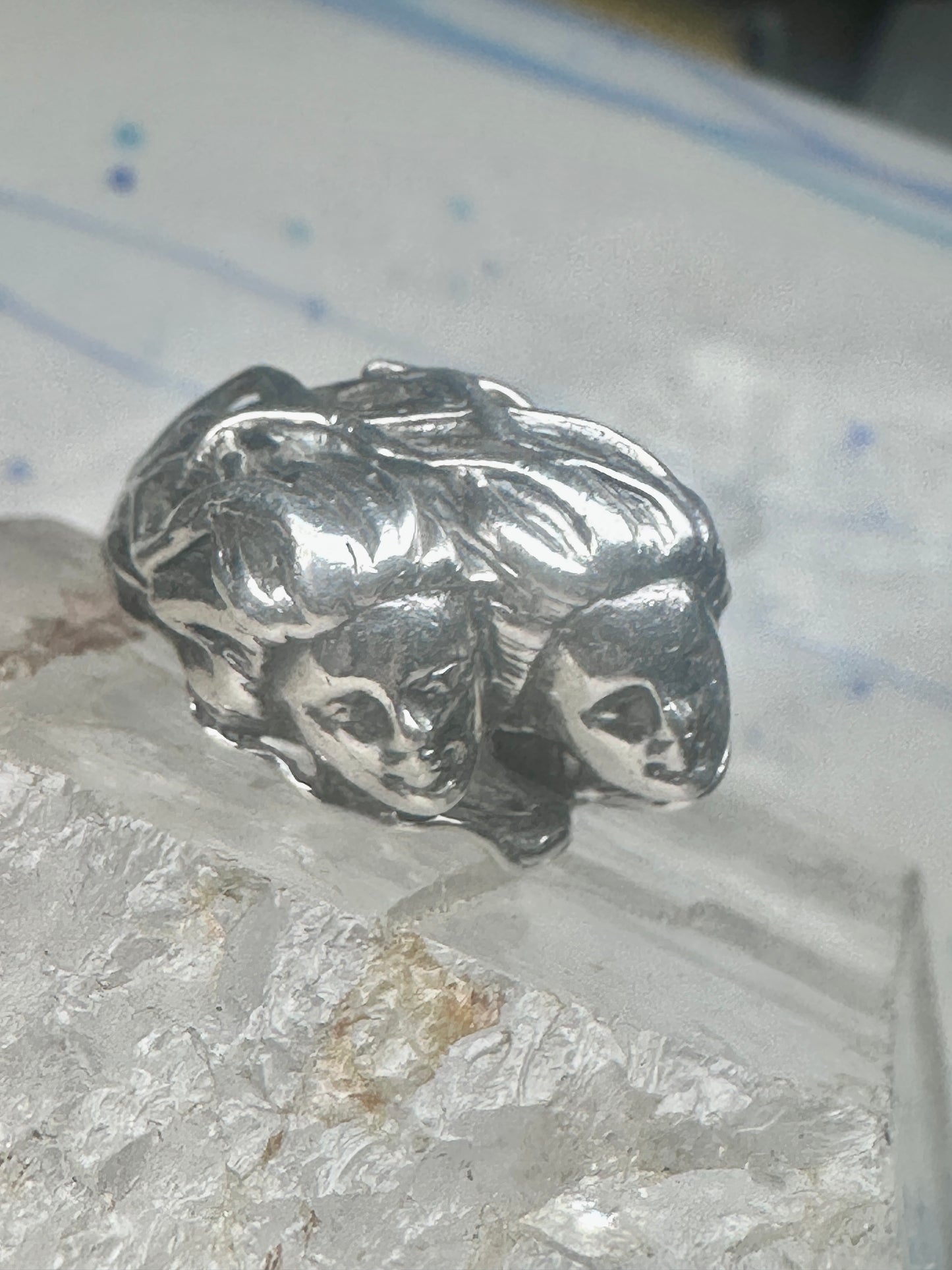 Vintage Sterling Silver Twin Cherub Face Statement Ring Size 5-5.25 Heavy 9.5g