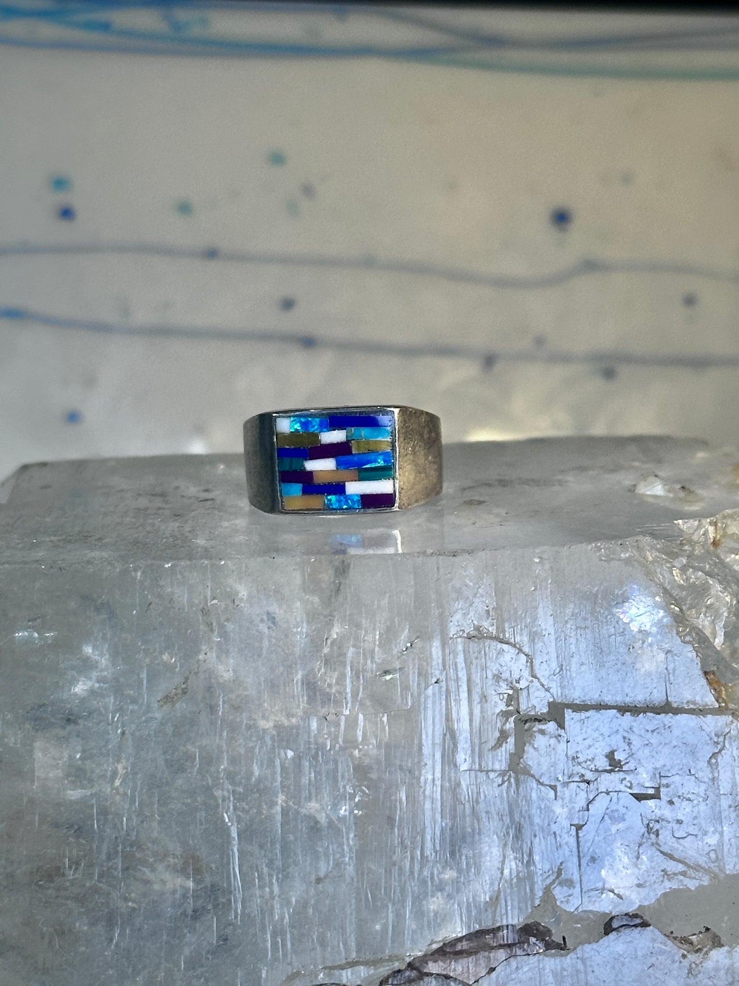 Zuni ring opals ? inlay band with blue stones size 6.7 sterling silver women men