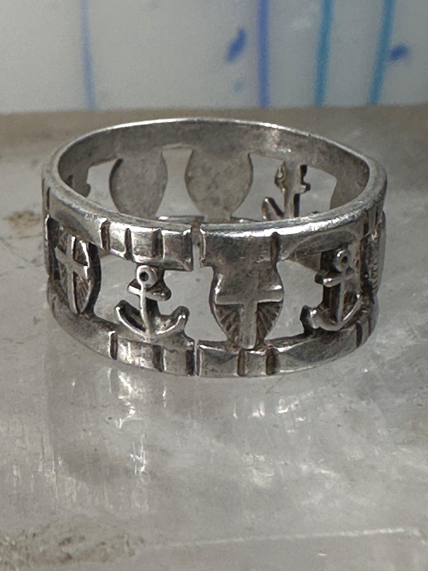Antique Hope Ring Charity Faith Cross Anchor Heart Band Sterling Silver AS IS