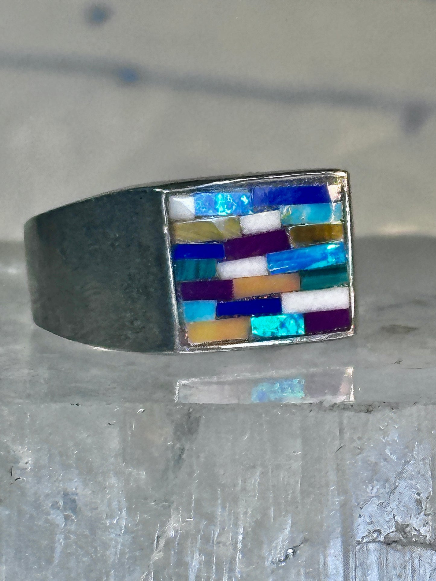 Zuni ring opals ? inlay band with blue stones size 6.7 sterling silver women men