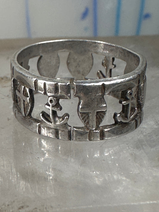 Antique Hope Ring Charity Faith Cross Anchor Heart Band Sterling Silver AS IS