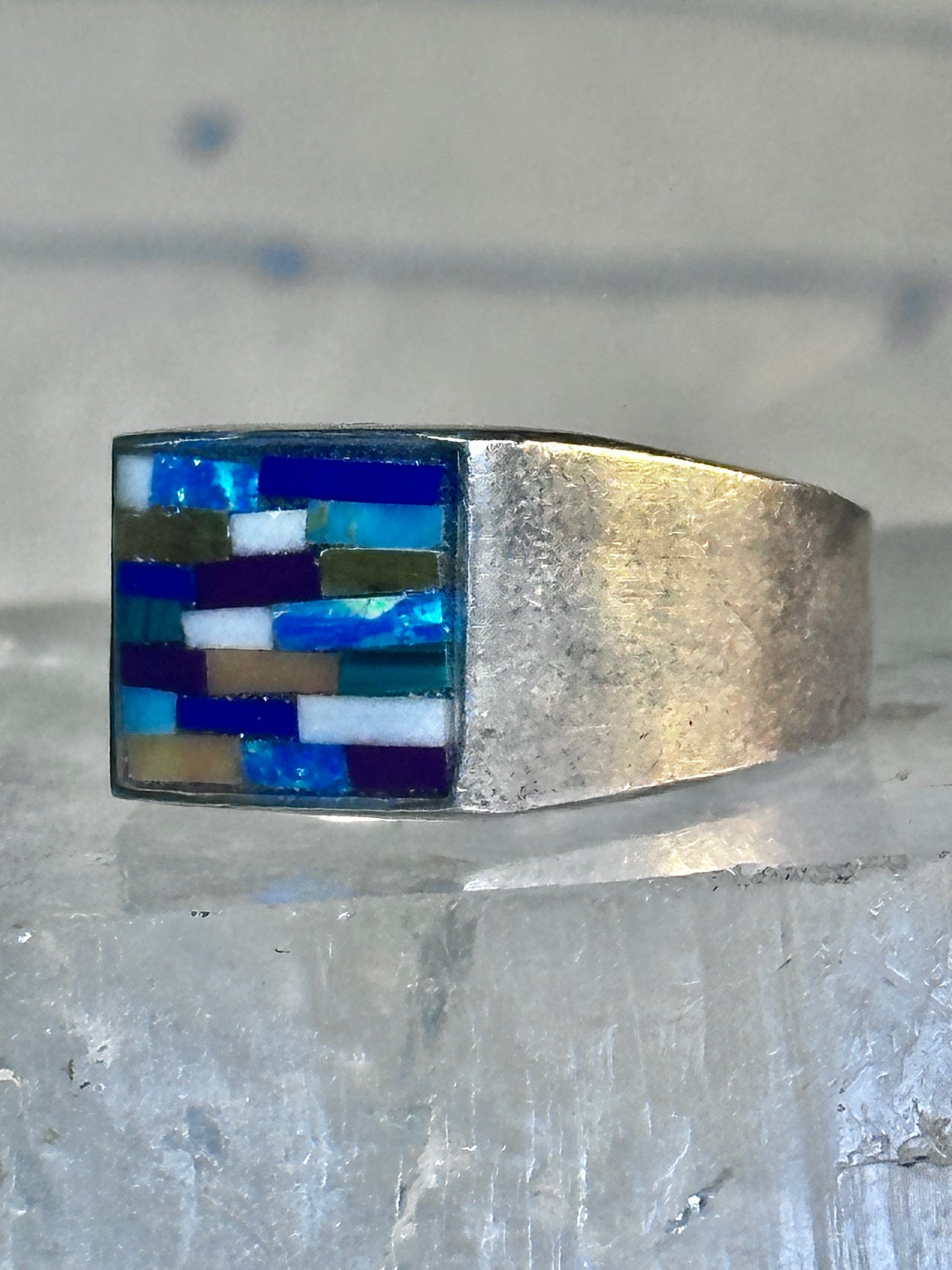 Zuni ring opals ? inlay band with blue stones size 6.7 sterling silver women men