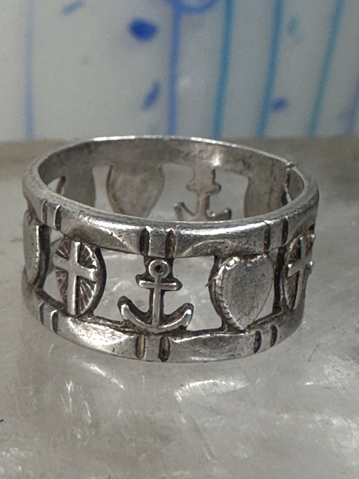 Antique Hope Ring Charity Faith Cross Anchor Heart Band Sterling Silver AS IS