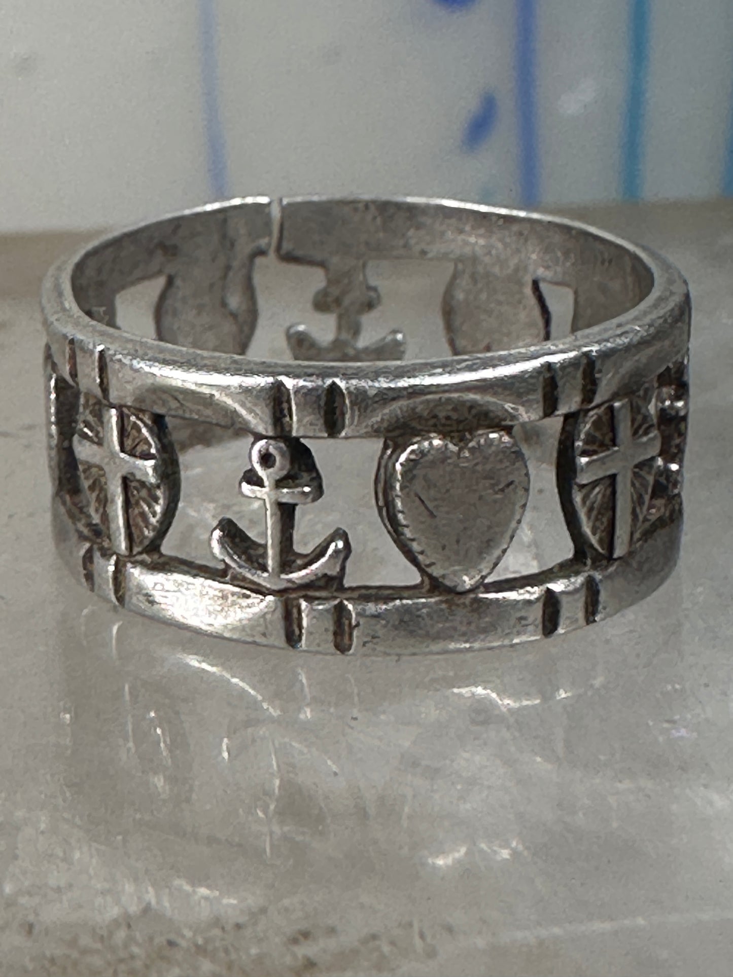 Antique Hope Ring Charity Faith Cross Anchor Heart Band Sterling Silver AS IS
